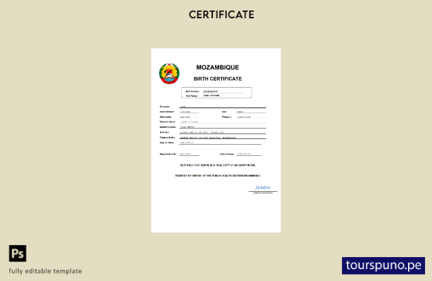 listo para imprimir certificado de nacimiento de Mozambique Plantilla en Word y